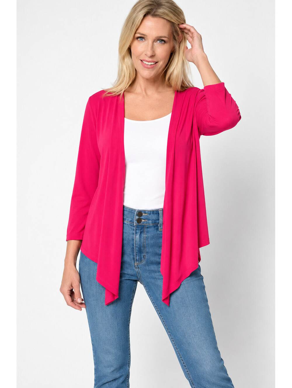 Susan Graver Every Day Liquid Knit 3/4 Sleeve Signature Shrug Red XX-Small